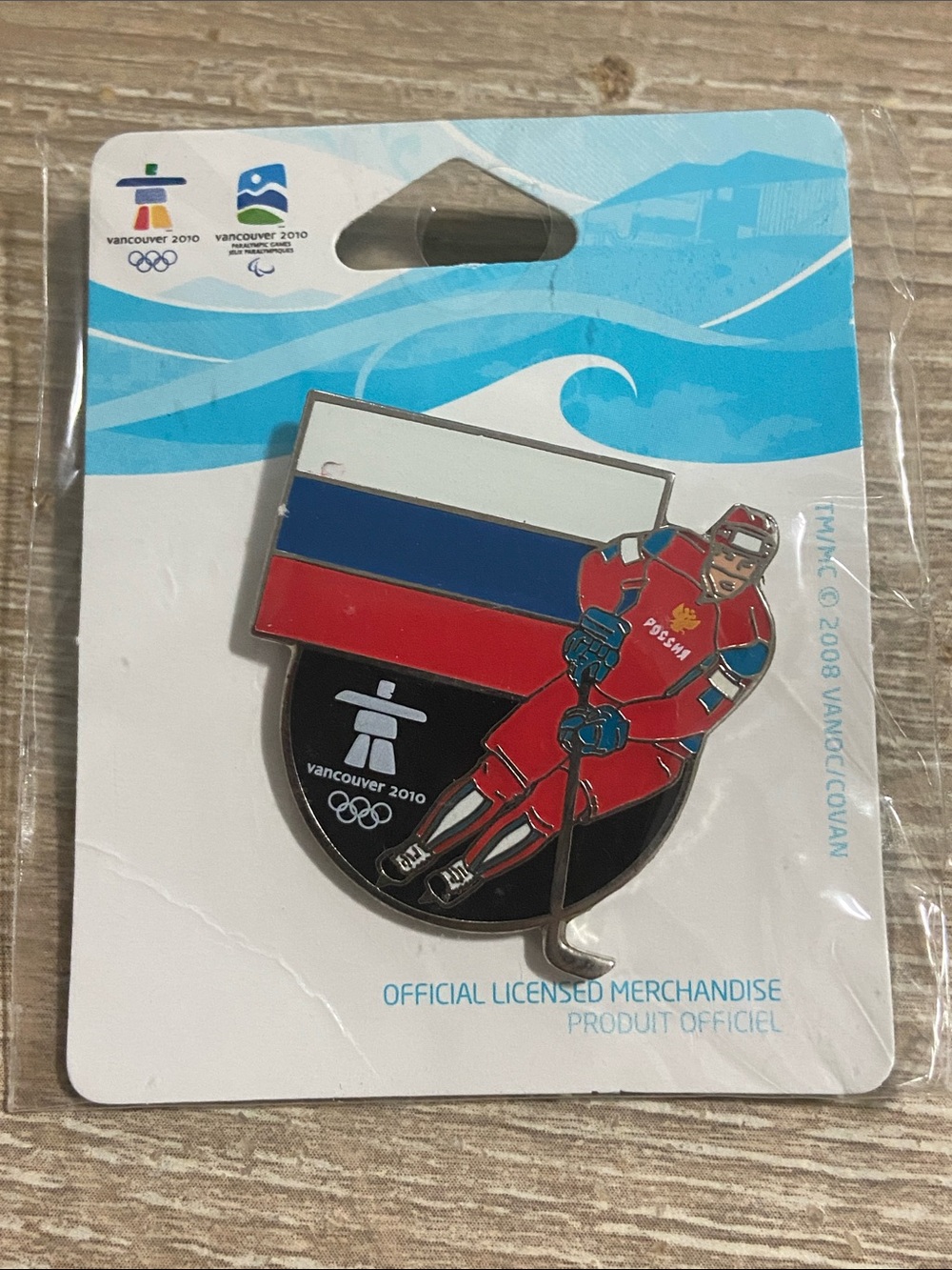 Vintage Vancouver 2010 Olympic Hockey Pin with Russian Flag